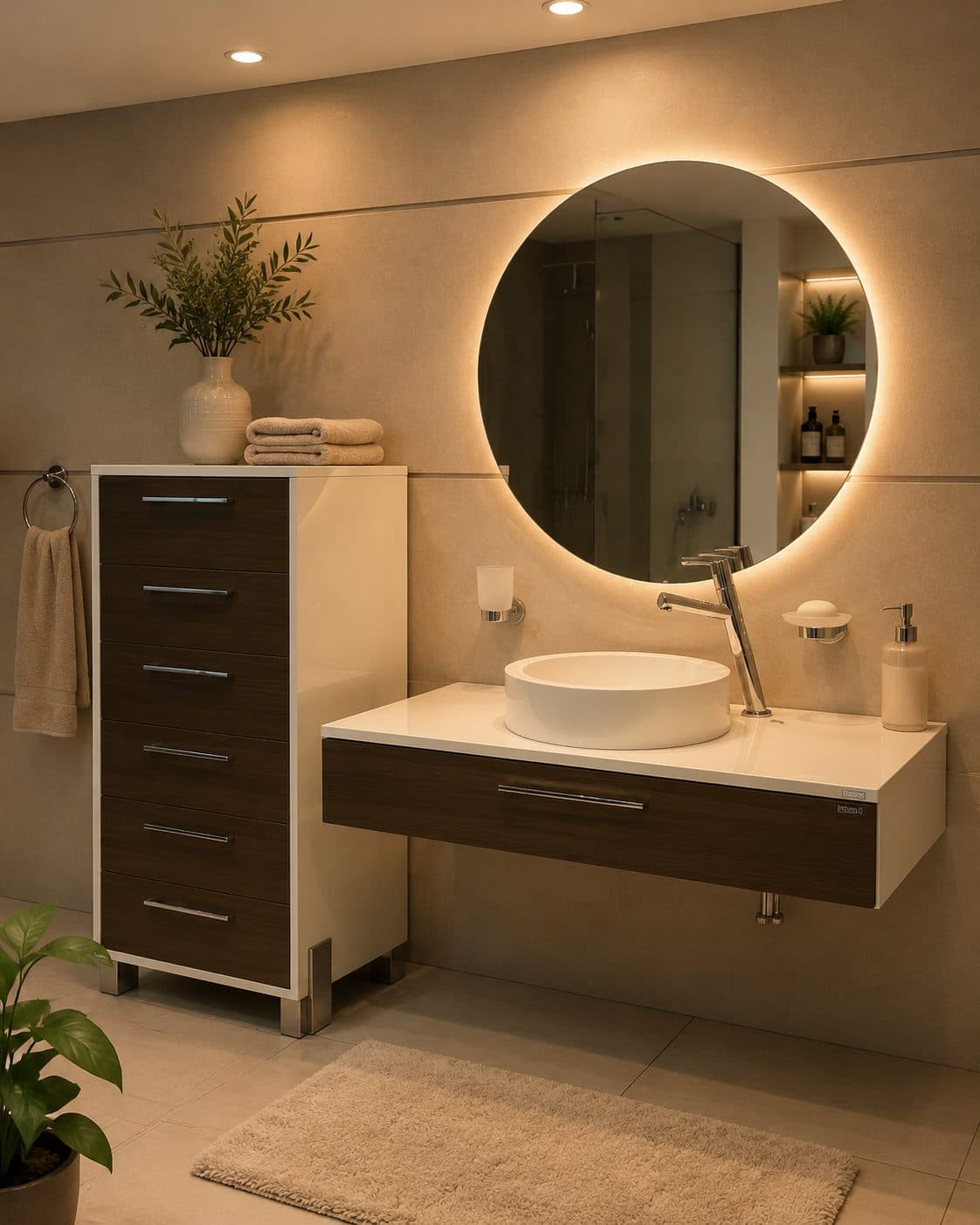 Asymmetric Wood & White bathroom vanity
