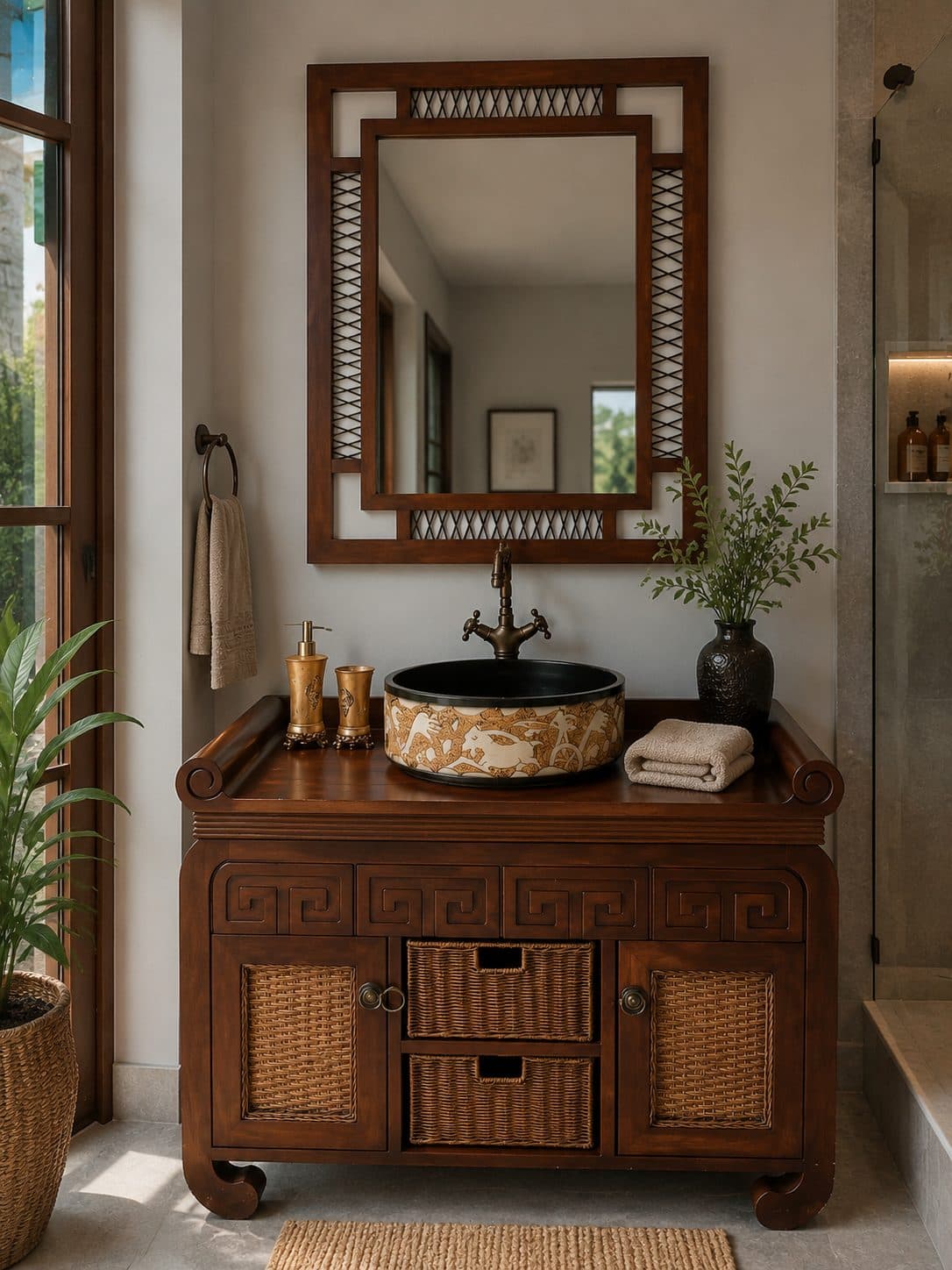 Dark Wood Oriental bathroom vanity