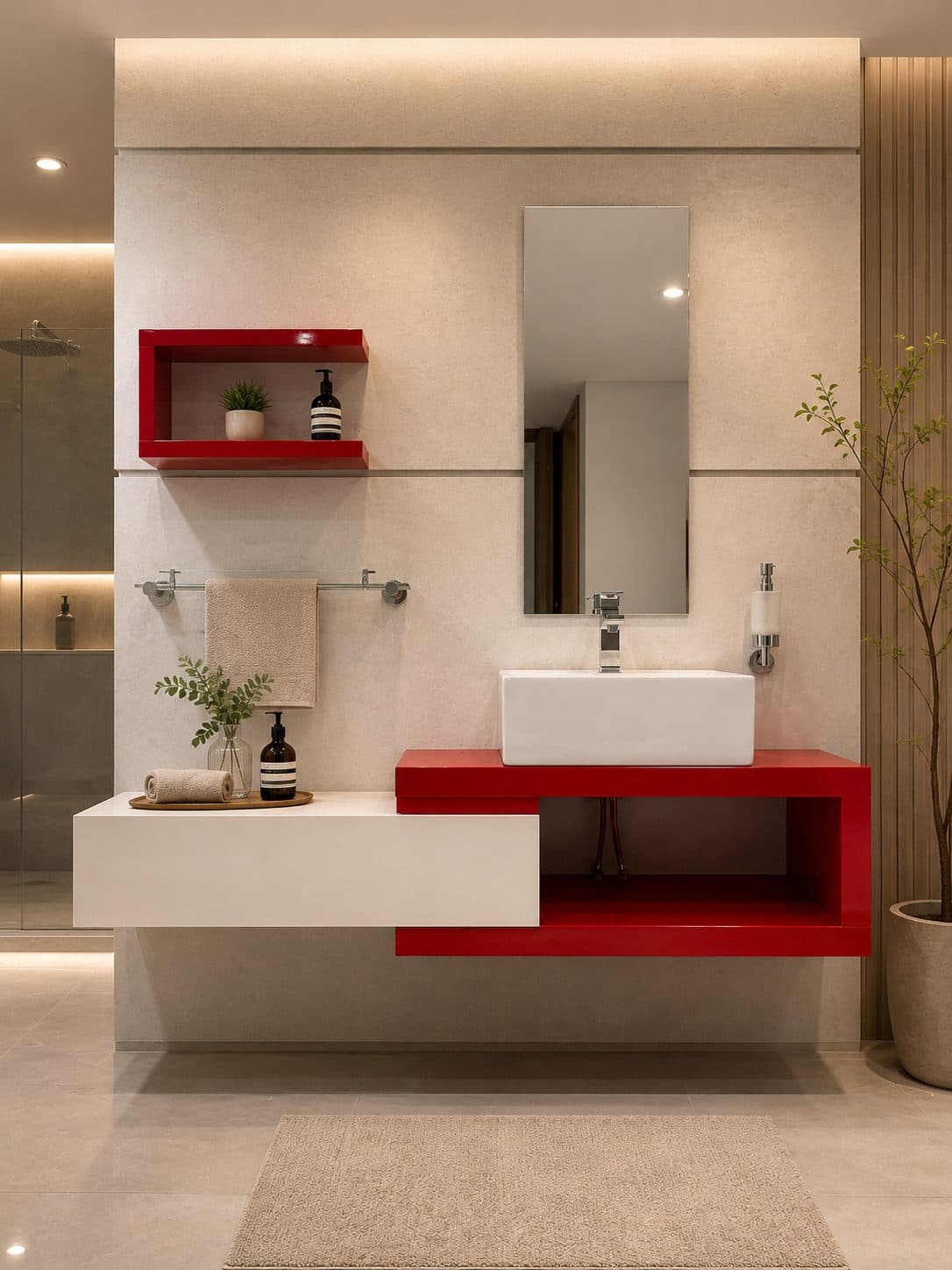 Red & White Geometric bathroom vanity